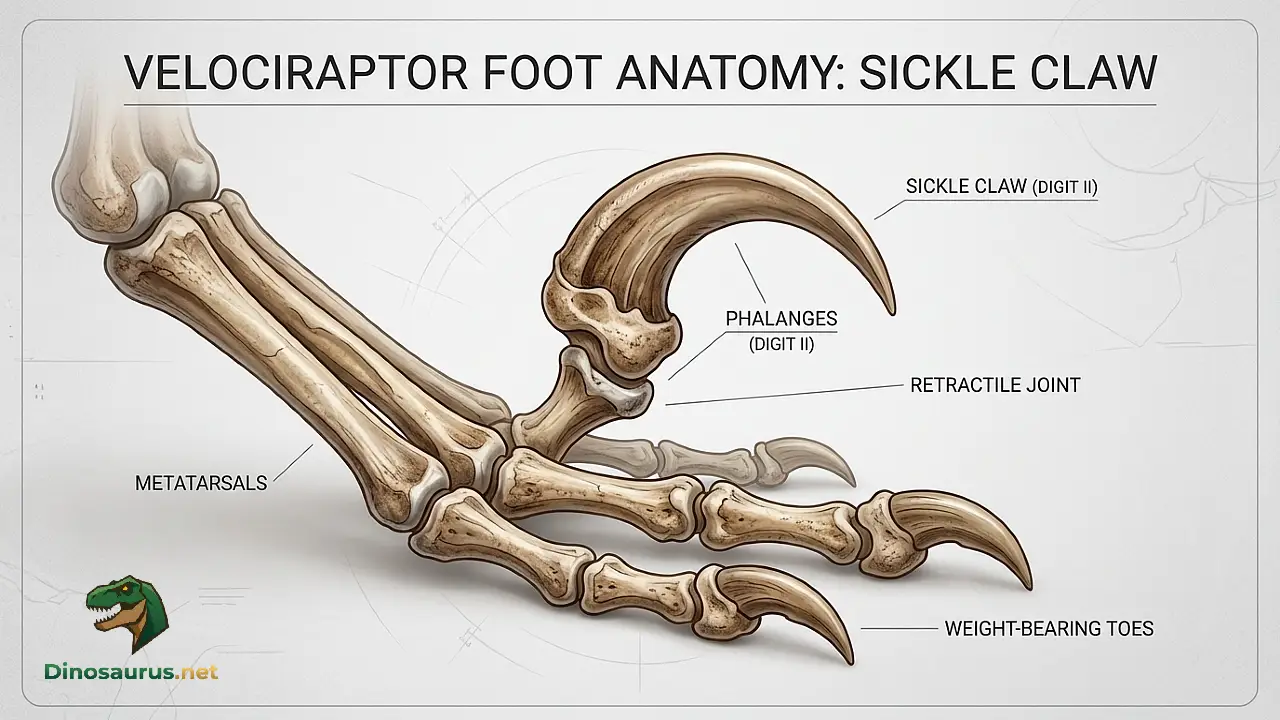 Close-up of Velociraptor foot bones showing the raised sickle claw