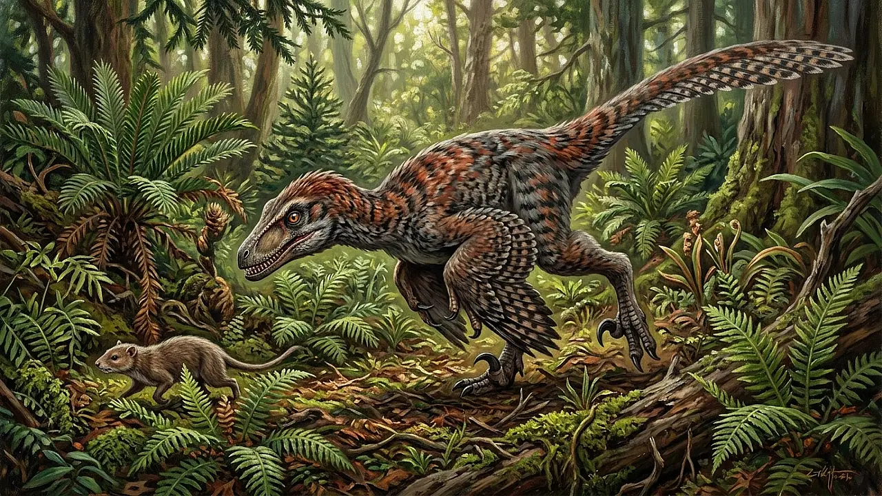 Life‑like painting of a feathered Velociraptor stalking prey