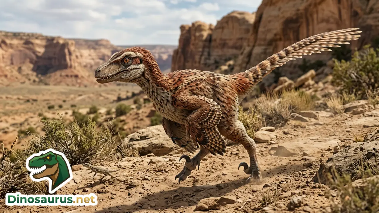Scientific reconstruction of a feathered Velociraptor in a desert landscape