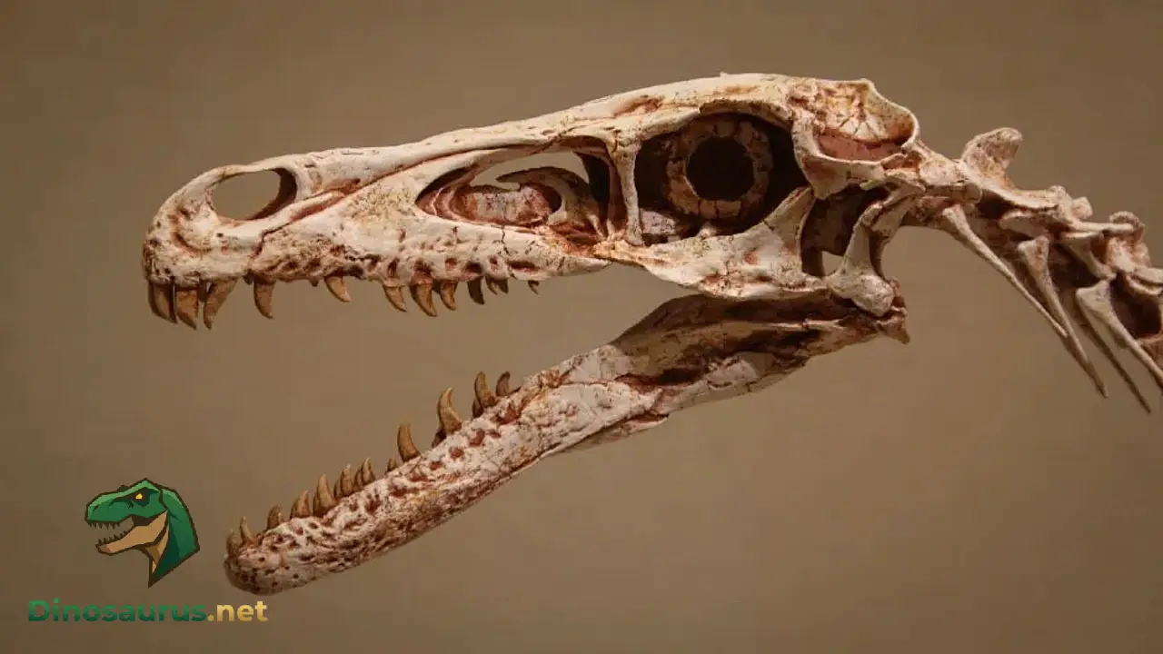 Velociraptor skull fossil showing rows of serrated teeth