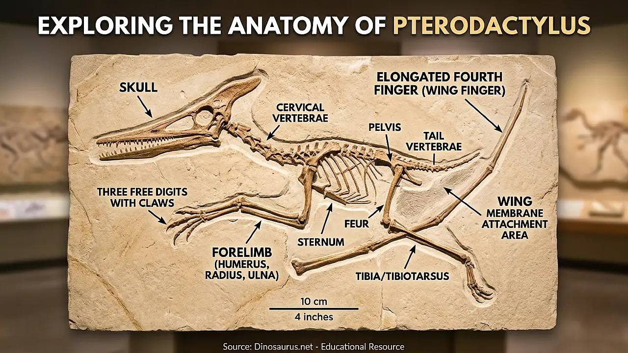 Fossil skeleton of Pterodactylus showing the elongated fourth finger and skull